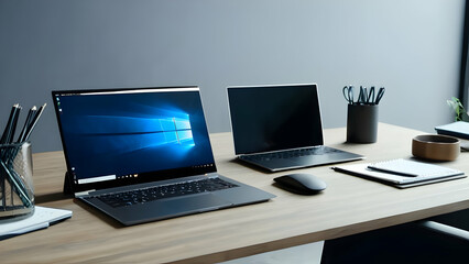 Stylish workplace with laptop computer and office supplies