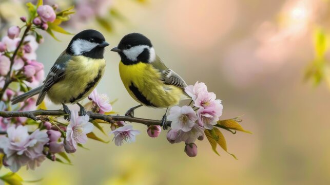 With blossoms surrounding them, two tits enjoy a peaceful morning on spring branches, celebrating the beauty of nature.