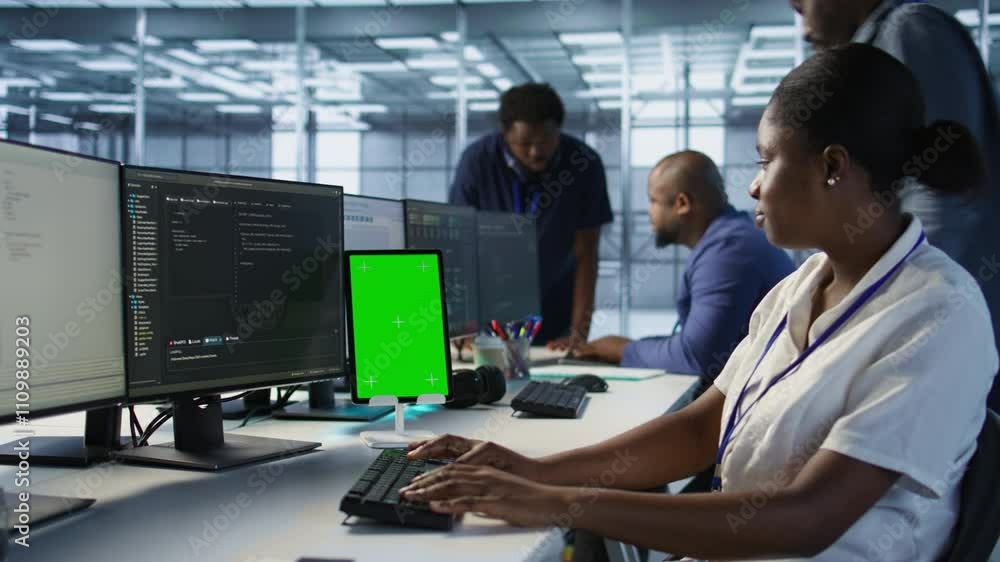 Aufkleber admin using isolated screen tablet, working in server farm to optimize it for data processing requir