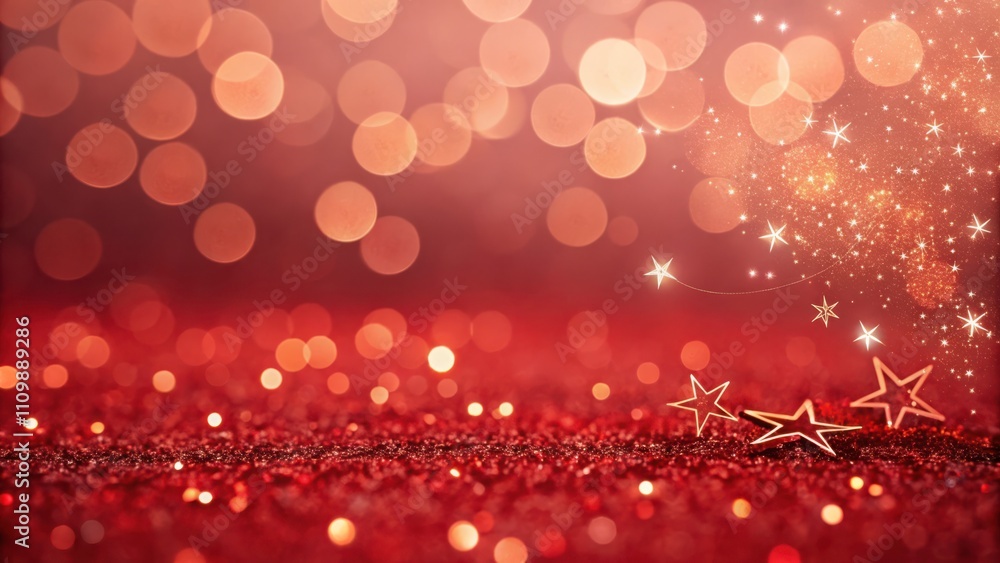 Poster shimmering red glitter bokeh background with sparkling lights and star details for festive occasions