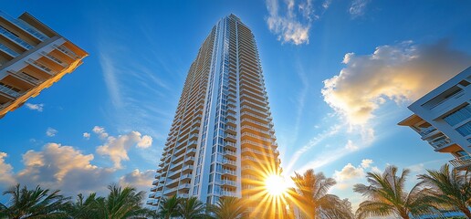 Fototapeta premium Modern high-rise building at sunset, surrounded by palm trees.