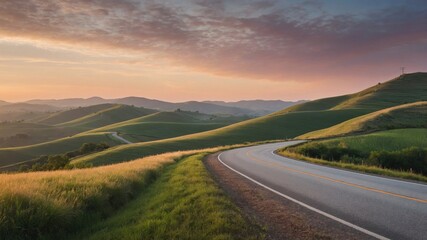 Fototapeta premium Curving road through green hills at sunset in a rural landscape offered a peaceful escape for travelers