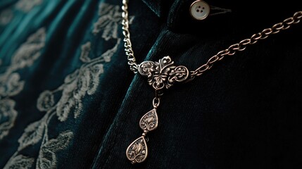 Fototapeta premium Elegant silver necklace with intricate design on dark velvet fabric