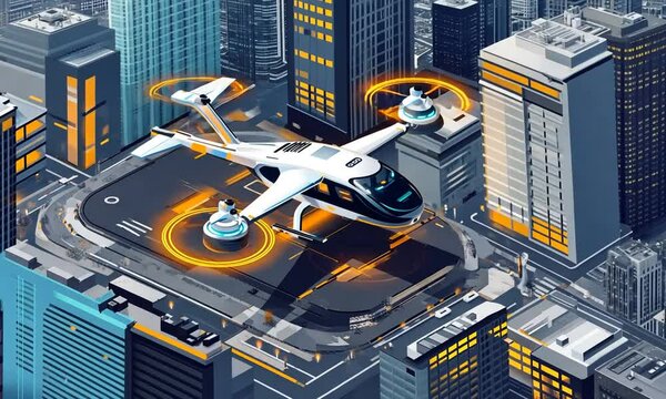 A futuristic aerial vehicle on a rooftop landing pad in an urban environment.