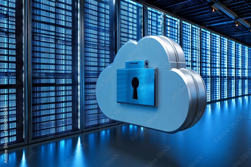 Poster a digital cloud symbol with a lock, representing data security and storage.