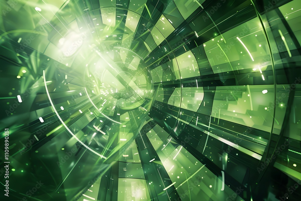 Poster abstract green tunnel with dynamic light effects, suggesting depth and movement.