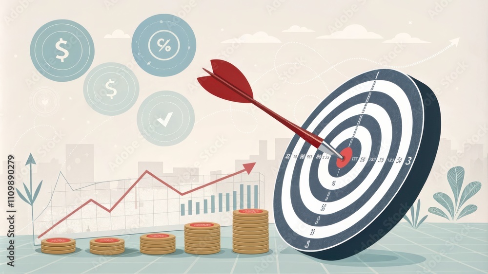 Aufkleber bullseye target with dart hitting the center amidst graphs and coins representing financial goals. g