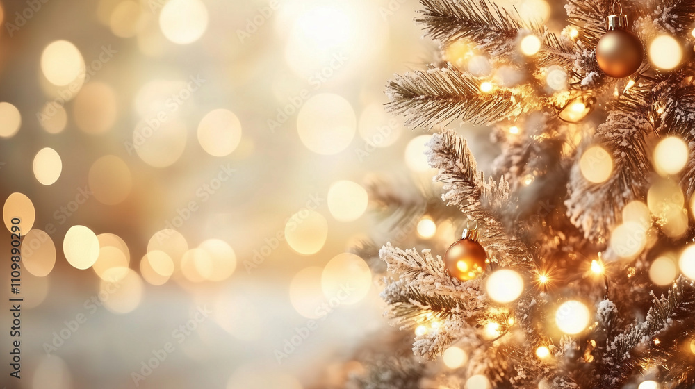 Aufkleber Golden bokeh lights illuminate a Christmas tree branch, creating a warm and festive atmosphere. Perfect for holiday cards, invitations, and social media posts.