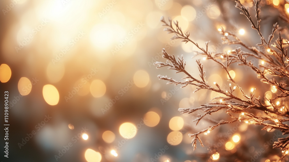 Poster Golden bokeh lights illuminate a Christmas tree branch, creating a warm and festive atmosphere. Perfect for holiday cards, invitations, and social media posts.