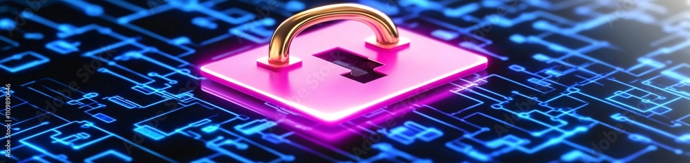 Poster a digital lock on a circuit board background, symbolizing cybersecurity and data protection.