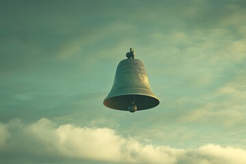A large bell floats in a cloudy sky, creating a surreal and dreamlike atmosphere.