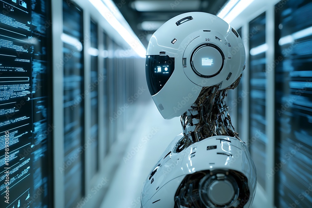 Poster ai robot in a server room. concept of future technology, data processing, and artificial intelligenc