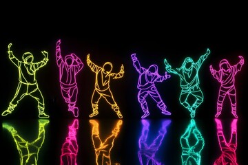 A glowing neon silhouette pajama party dance set against a dark black background.