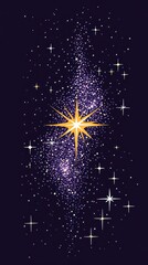 A vibrant depiction of a starry galaxy with a bright central star and surrounding twinkling stars.
