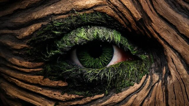 An Illustration Drawing Attention to the Integrity of Man and Nature. A human face made of moss and tree bark. 01.