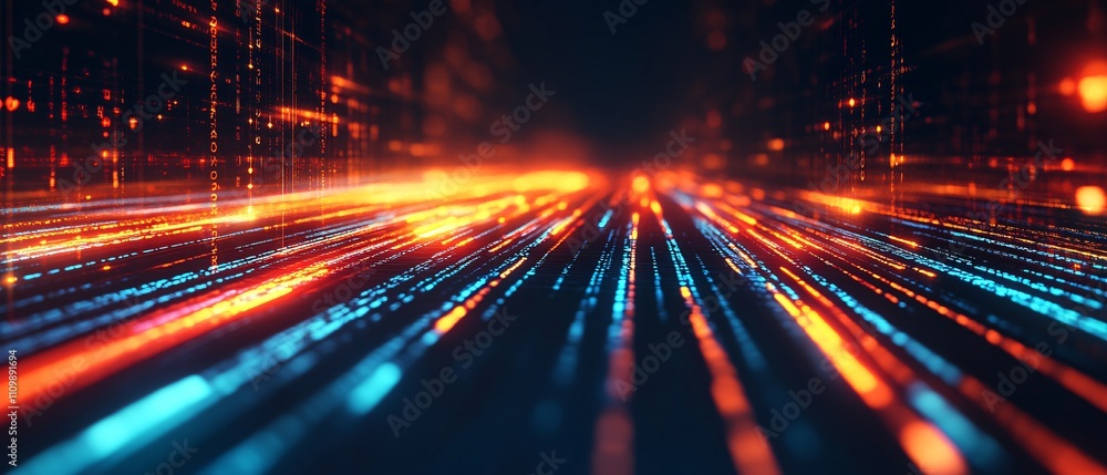 Poster abstract representation of digital data flow with vibrant light trails.