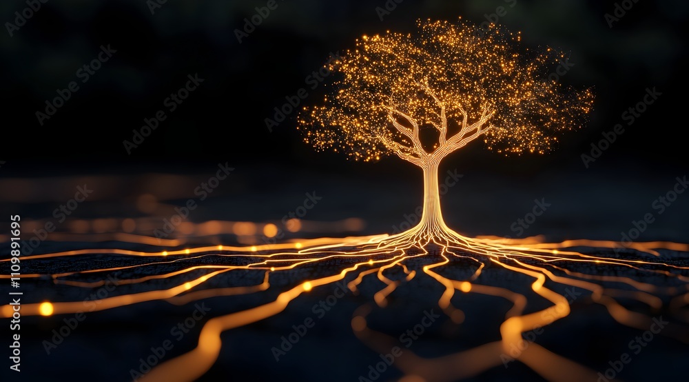Poster a glowing tree with intricate, illuminated roots extends across a dark background, symbolizing conne