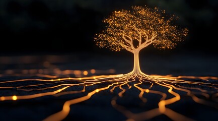 A glowing tree with intricate, illuminated roots extends across a dark background, symbolizing connection and life.