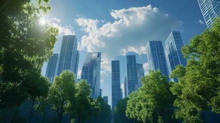 Futuristic Eco-Friendly Cityscape with Smart Building Designs and Solar-Powered Public Spaces