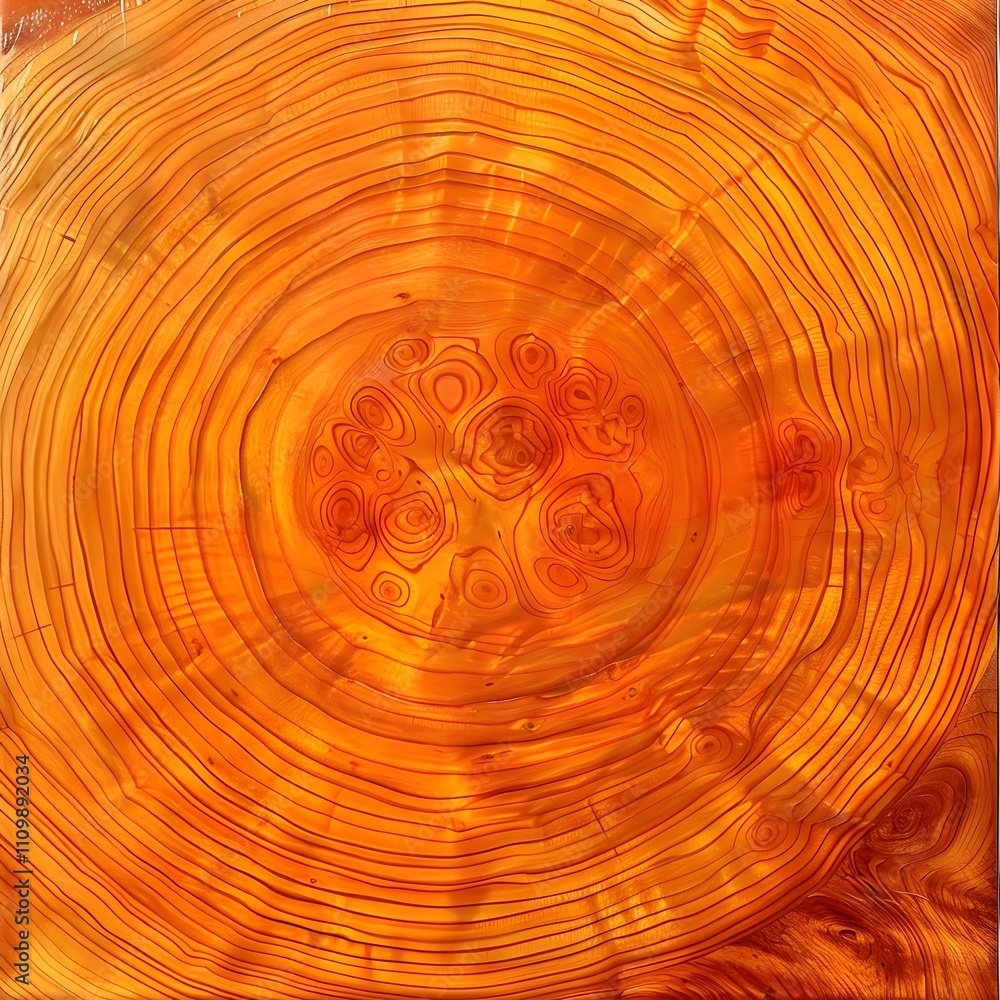 Poster abstract orange circular pattern resembling tree rings or geological formations.