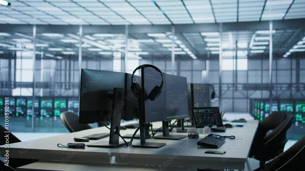 Poster close up of tablet in data center workspace used for controlling company network infrastructure. foc