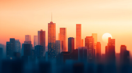 Obraz premium A vibrant city skyline at sunset, with silhouettes of tall buildings against a colorful sky, creating a serene and picturesque urban scene.