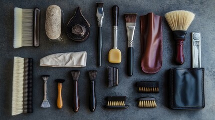Arrange of Hair Styling Tools on a Gray Surface for Barbershop Use