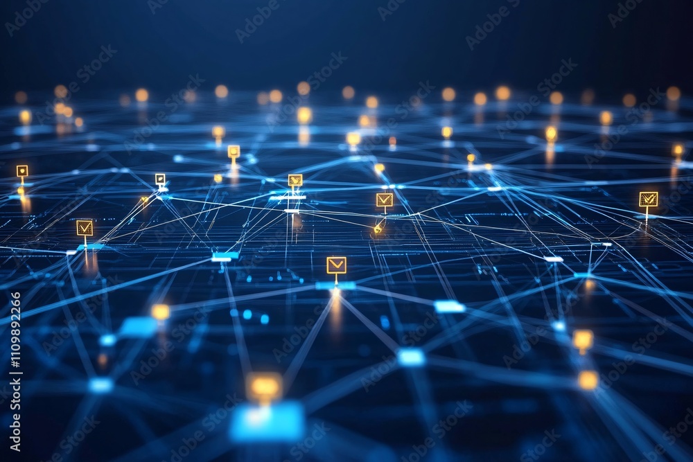 Poster a digital network visualization with glowing icons representing communication nodes.