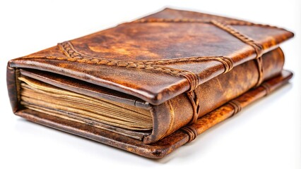 Obraz premium Vintage Leather Notebook Macro, Weathered, White Background, High Detail