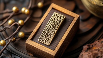 Elegant golden decorative element on wooden base with artisanship