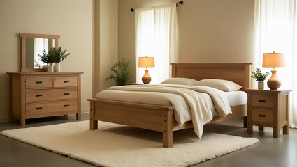 Modern Bedroom Design Featuring Wooden Furniture And Warm Lighting In A Cozy, Well-Lit Room