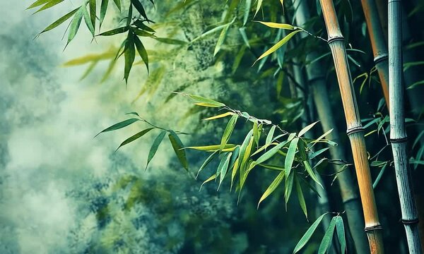 A Bamboo Forest Glowing with Morning Dew as Sunlight Filters Through, Illuminating Vibrant Green Hues in a Close-Up View of Towering Stalks.