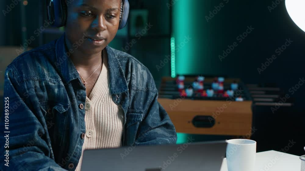 Poster teleworker enjoying music while researching data for company project, doing tasks in personal home o