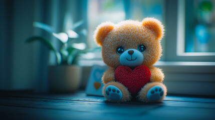 A cute fluffy teddy bear is holding red heart shape and sitting on wooden table near the window sill,valentine's day background