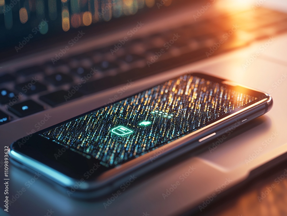 Aufkleber a smartphone displaying a digital interface rests on a laptop, symbolizing technology and connectivi