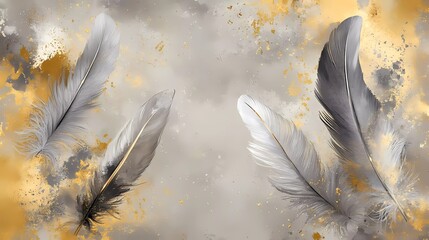 3D wallpaper with feathers on a golden background, featuring gray and gold colors, and watercolor splashes