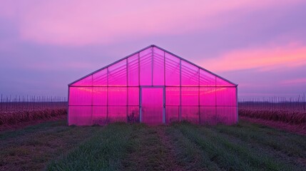 Obraz premium A greenhouse with pink lights is in a field