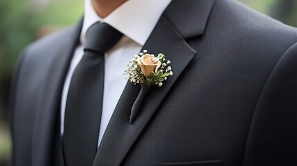 Elegant Groom's Attire with Black Suit and Boutonniere Detail