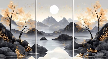 3-panel wall art set featuring trees, mountains, and stones, with a golden light in the sky, a gray background, a white moon, black rocks, water reflection, white tree branches with gold leaves