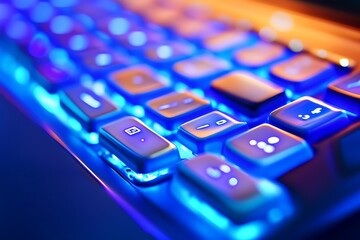 Close up of a backlit computer keyboard. Concept of technology, digital work, and gaming.