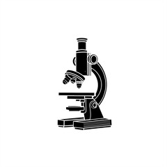 A black-and-white vector illustration of a classic microscope with an eyepiece, objective lenses, a sample stage, and a sturdy base in a simple silhouette style
