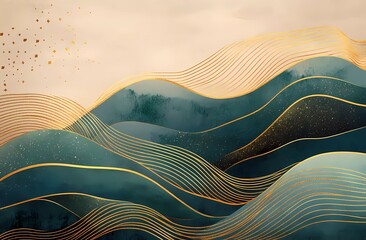 A beautiful abstract background with golden lines, a dark blue-green and brown color scheme, waves of gold leaf lines in the foreground, and a beige background.