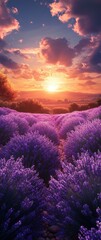 Serene sunset over a breathtaking lavender field, capturing the vibrant purple hues and warm golden light.  Peaceful landscape photography ideal for relaxation and tranquility themes.