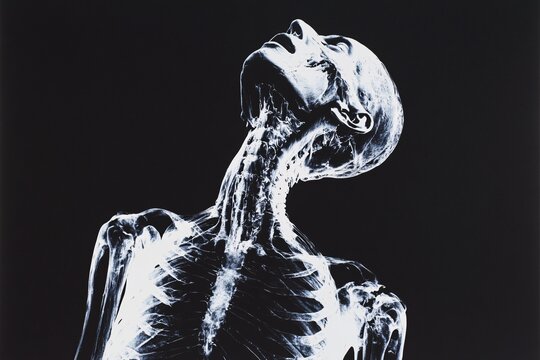 Skeletal figure with a human-like form, X-ray scan illustration.