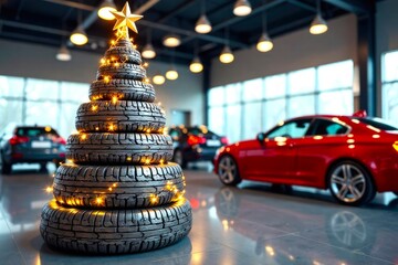 Christmas tree and new automobile, indoors. Christmas tree made of car tires with garland lights, a car showroom in the background. The car dealership is decorated for the winter holiday. Copy space