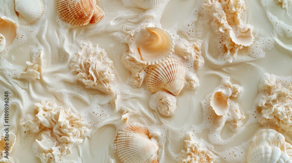 Poster A serene arrangement of seashells floating in a creamy liquid, creating a tranquil scene.