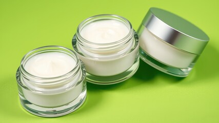 Three Glass Jars Filled with White Cream on Green Background