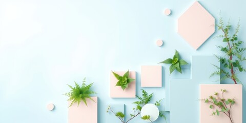 Minimalist Composition of Green Plants and Pastel Shapes on a Light Blue Background