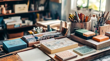 Obraz premium Artist's workspace with paints, pencils, and paper.