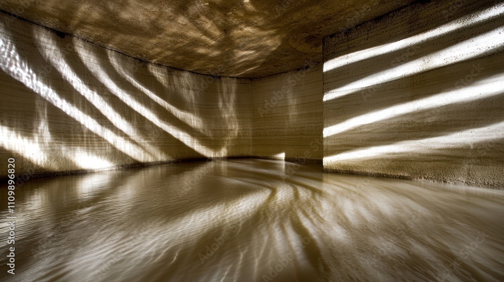 Poster a serene, illuminated concrete space with reflective water patterns and soft light.